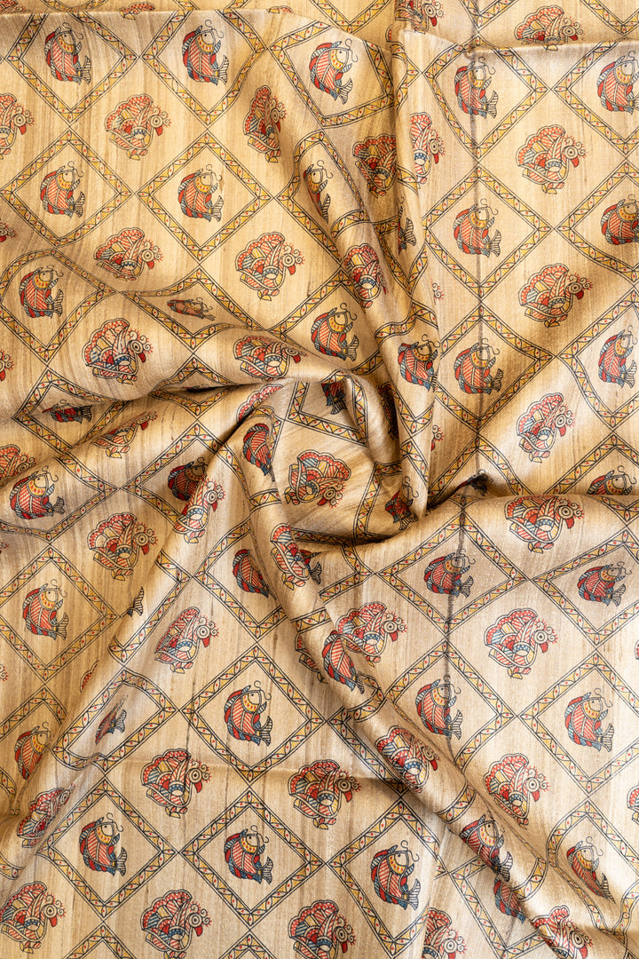 Beige and blue Madhubani handprinted pure Tussar saree