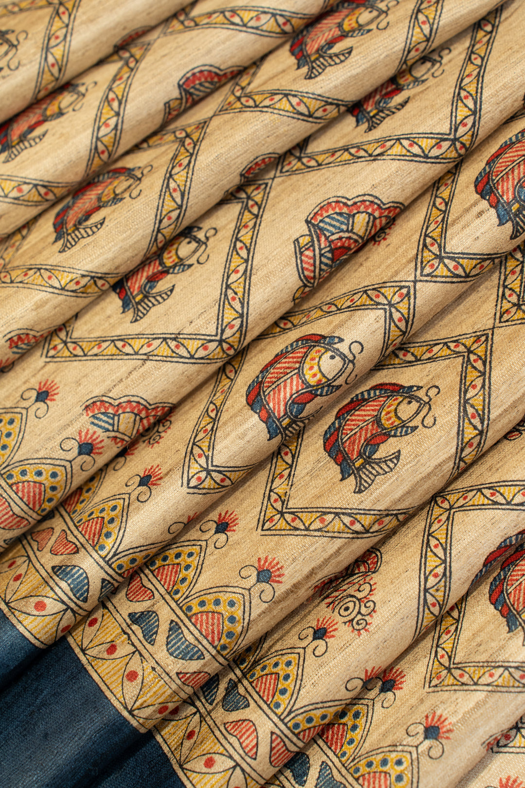 Beige and blue Madhubani handprinted pure Tussar saree