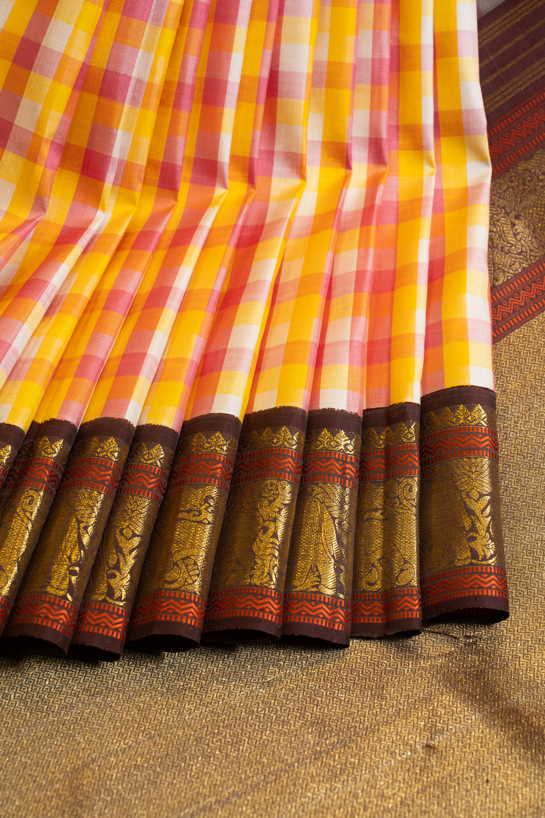 Pink and brown multi checks small Border Kanchipuram silk saree