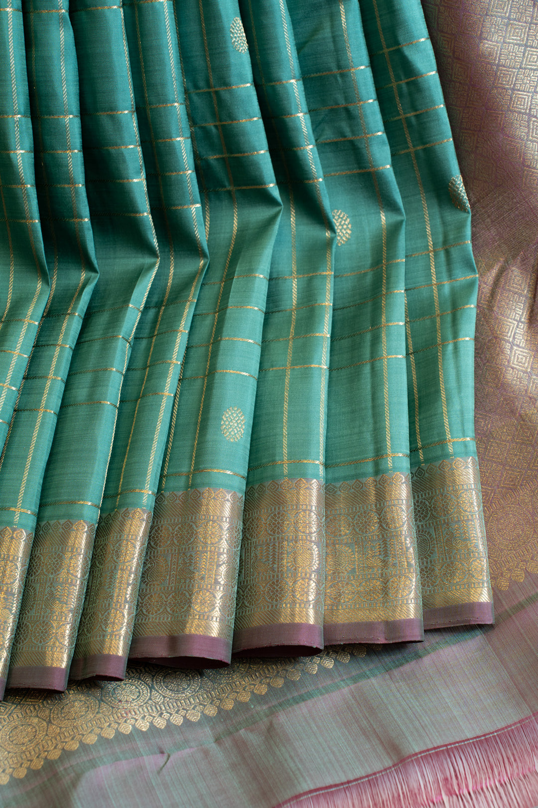 Teal blue zari checks pure Kanchipuram silk saree