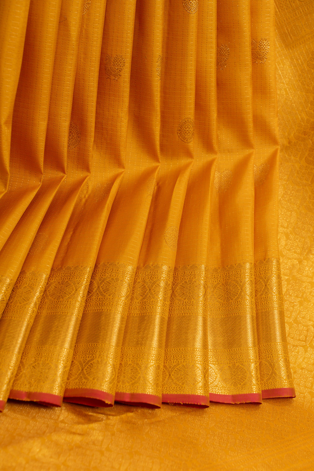 Golden yellow zari checks pure Kanchipuram silk saree