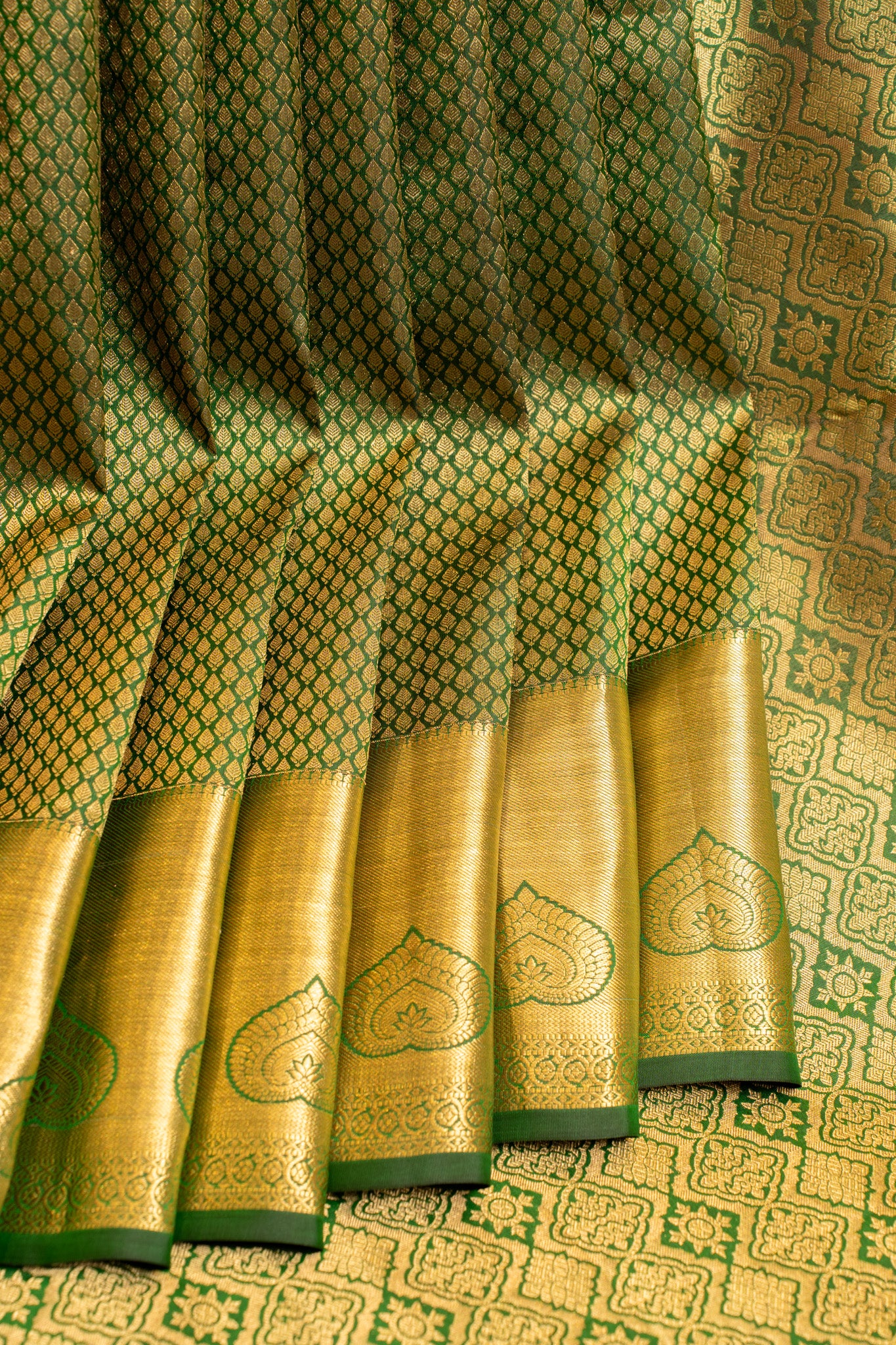 Half-White Forest Green Sico Silk Saree main image 0