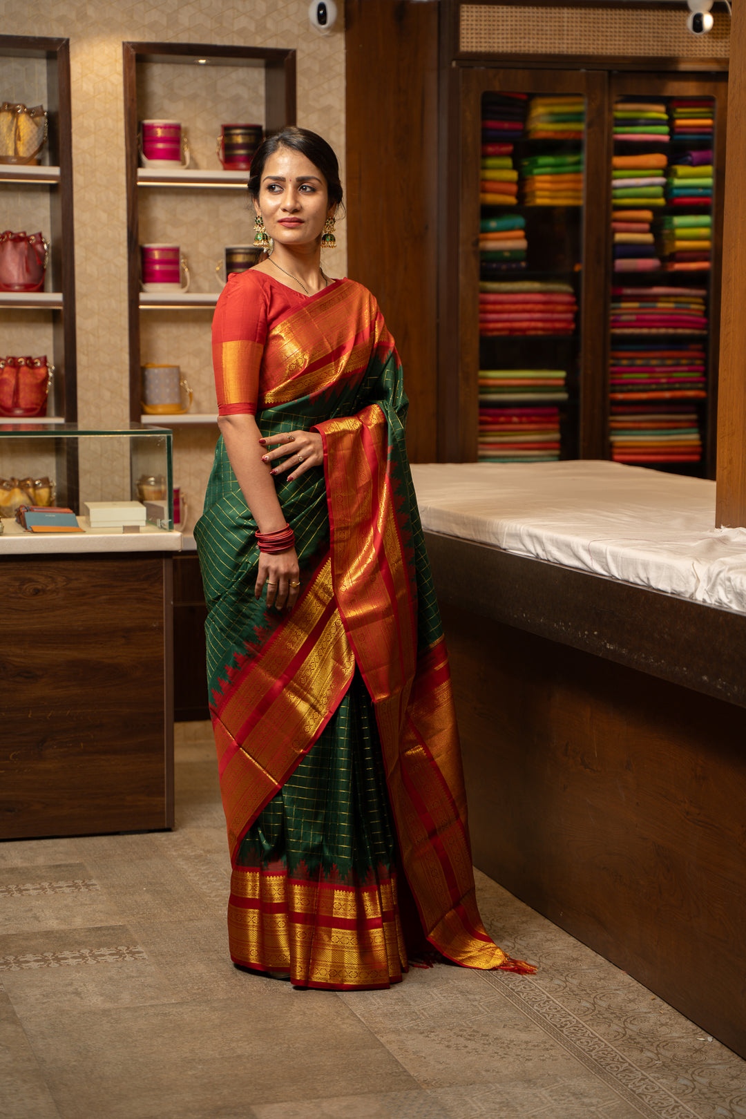 Emerald Green and Red Korvai Kanchipuram Pure Silk Saree - Clio Silks