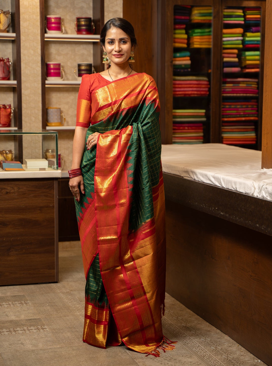 Emerald Green and Red Korvai Kanchipuram Pure Silk Saree - Clio Silks
