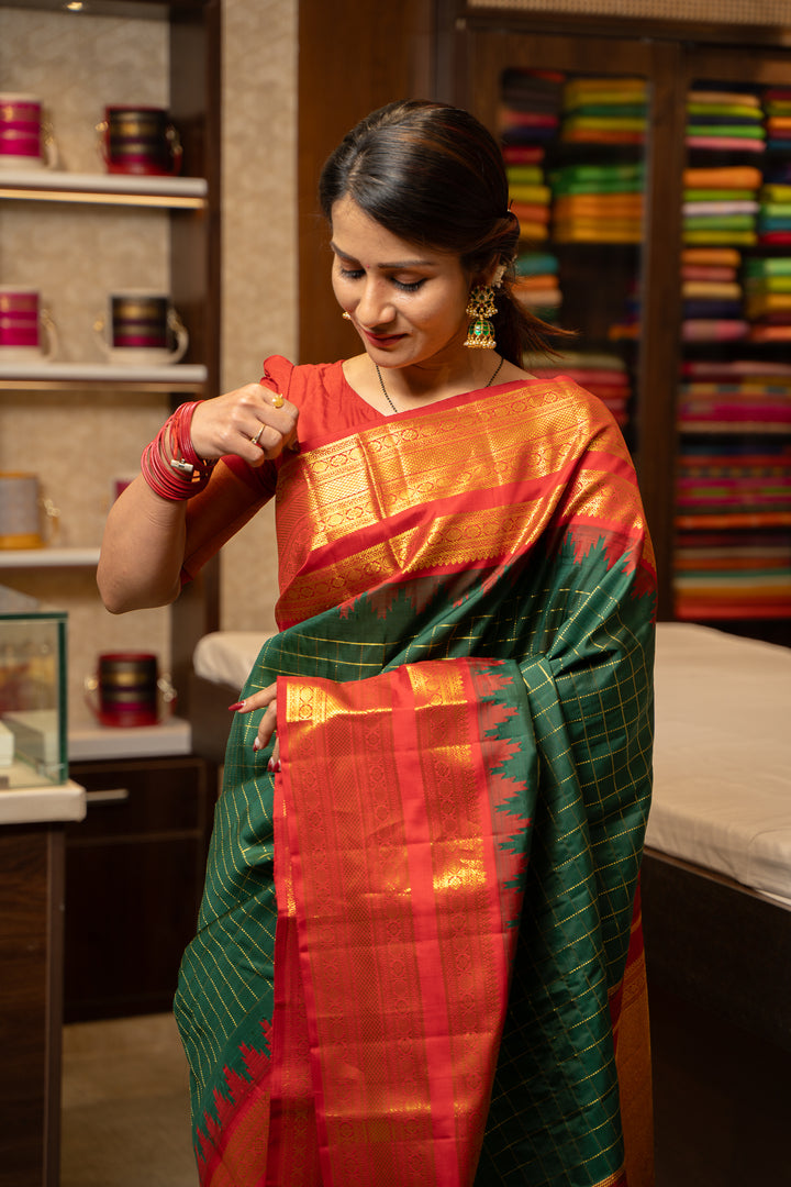 Emerald Green and Red Korvai Kanchipuram Pure Silk Saree - Clio Silks