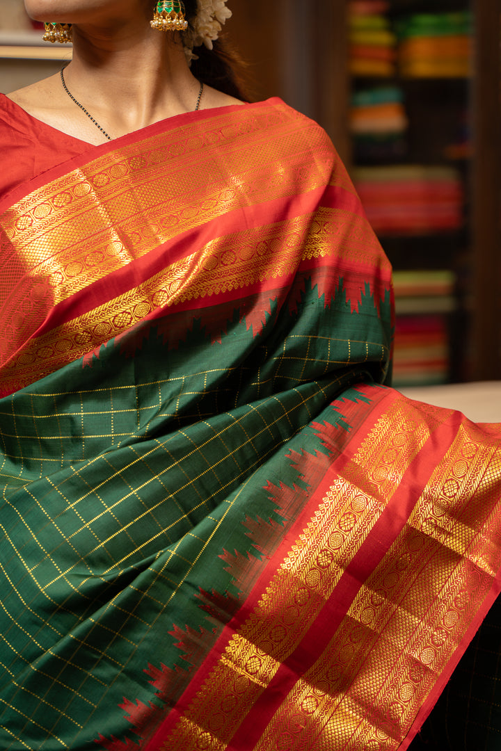 Emerald Green and Red Korvai Kanchipuram Pure Silk Saree - Clio Silks