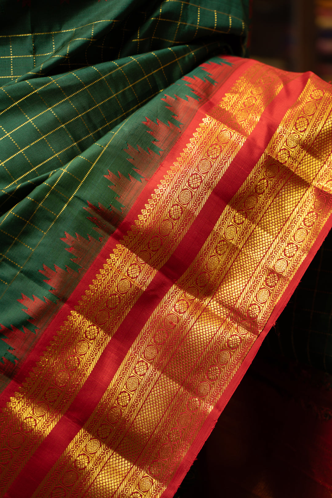 Emerald Green and Red Korvai Kanchipuram Pure Silk Saree - Clio Silks