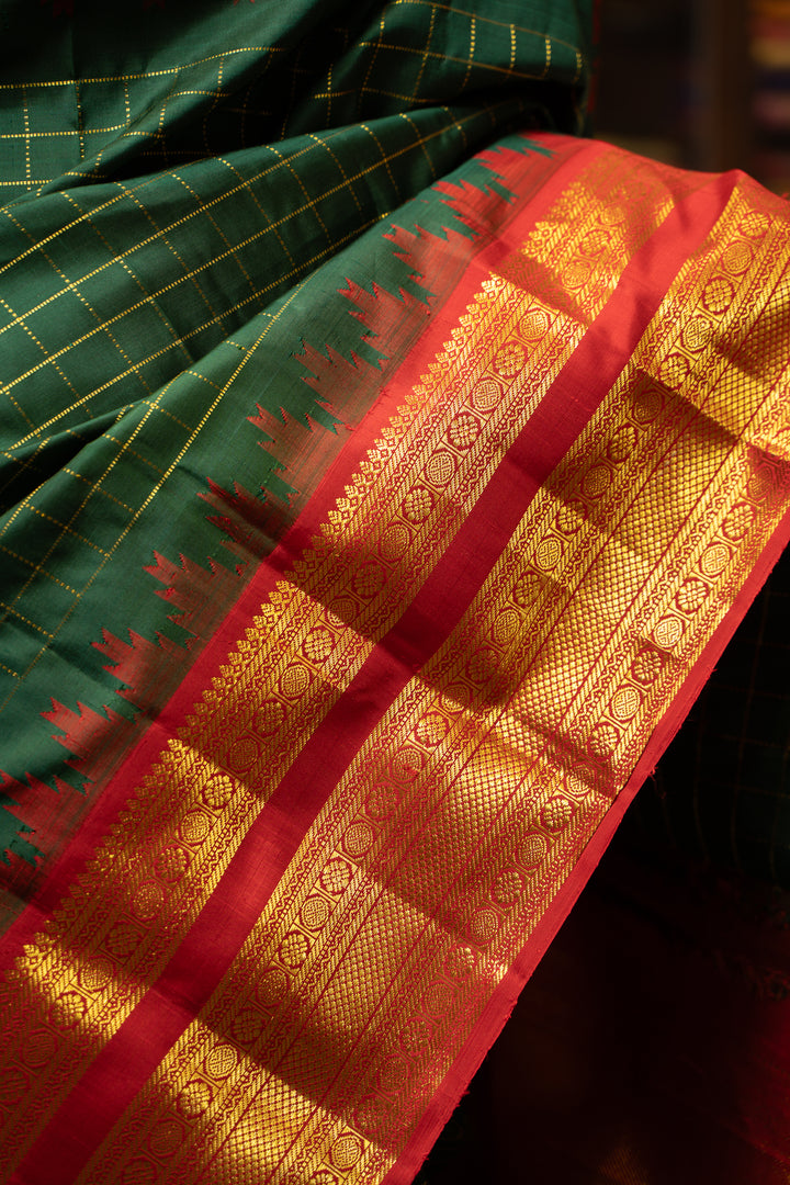 Emerald Green and Red Korvai Kanchipuram Pure Silk Saree - Clio Silks