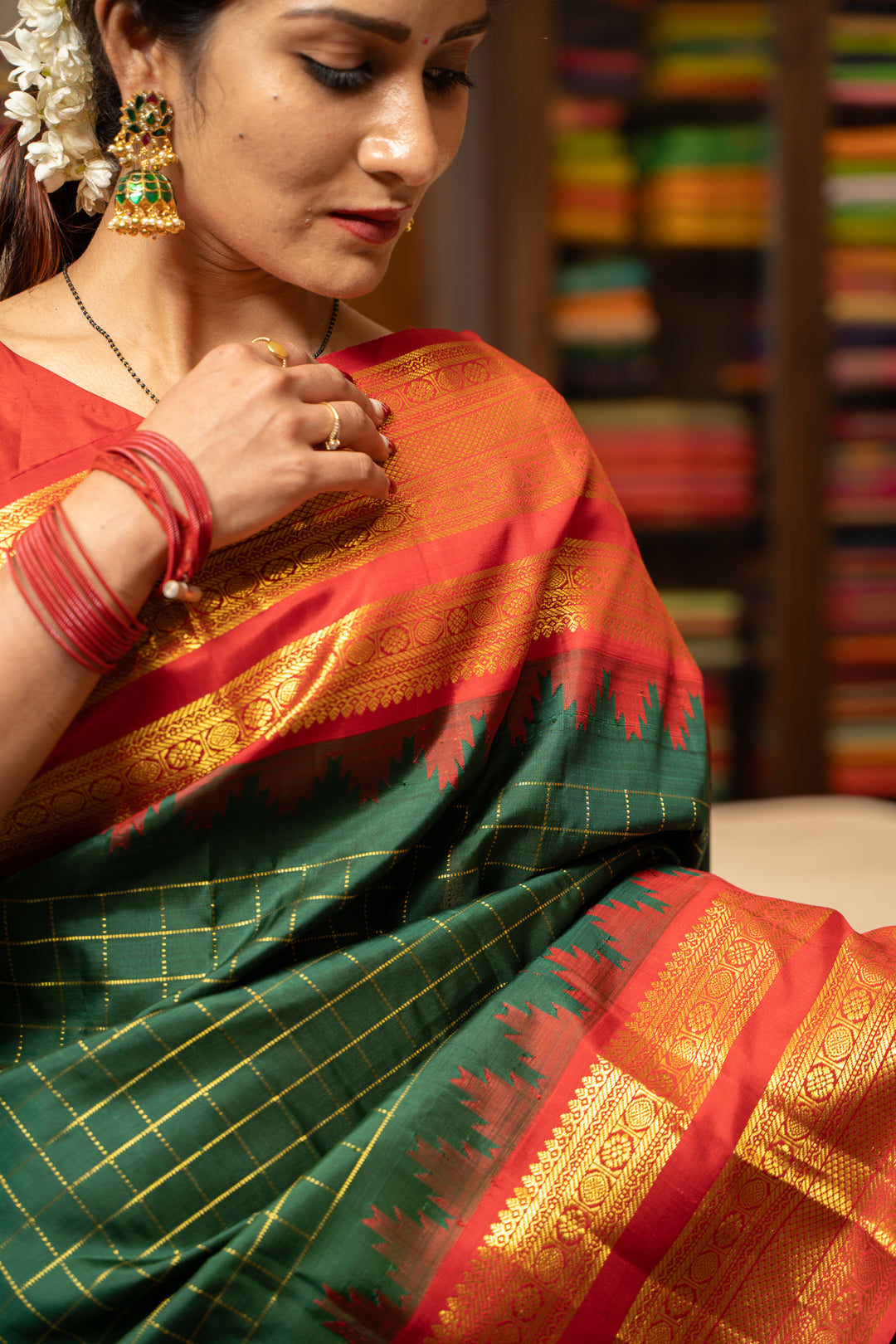 Emerald Green and Red Korvai Kanchipuram Pure Silk Saree - Clio Silks