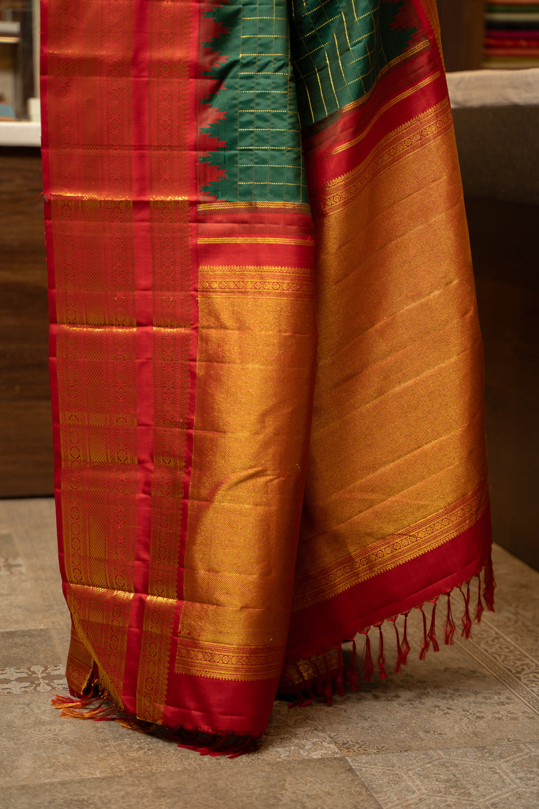Emerald Green and Red Korvai Kanchipuram Pure Silk Saree - Clio Silks