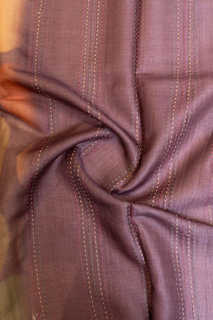 Purple polka printed pure embroidered Tussar saree