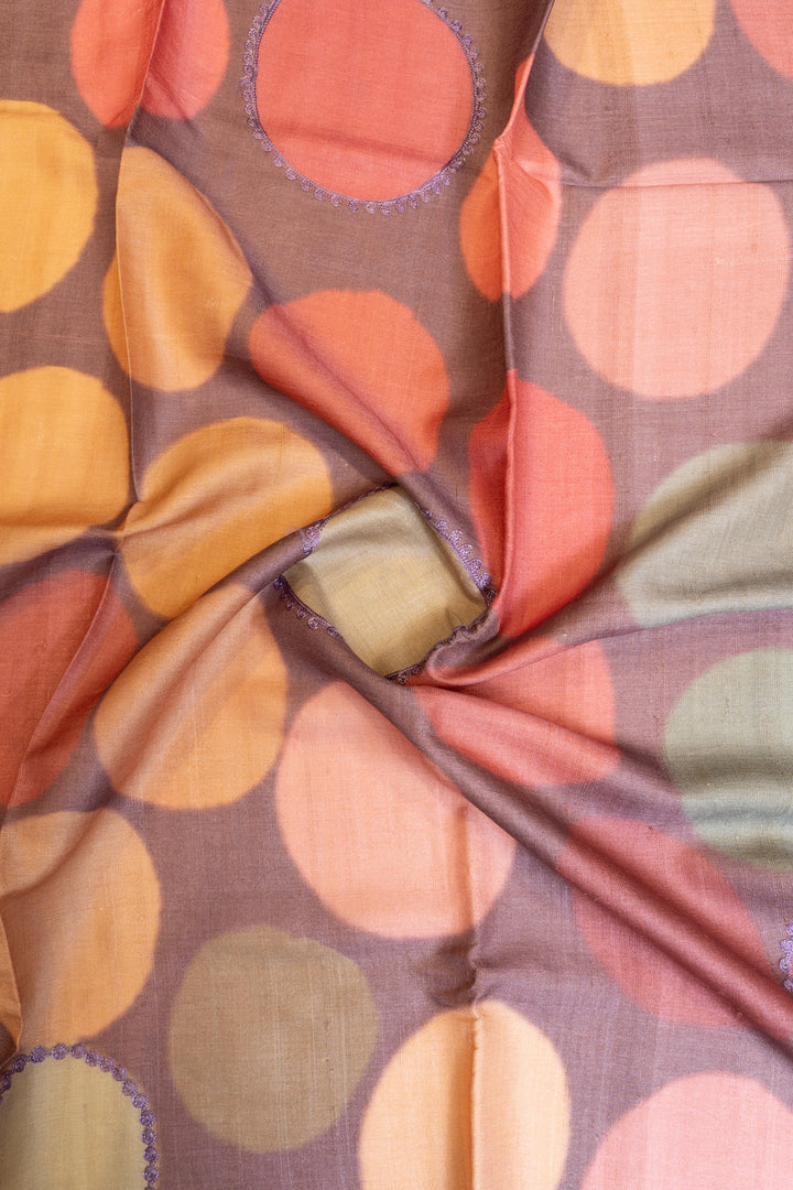 Purple polka printed pure embroidered Tussar saree