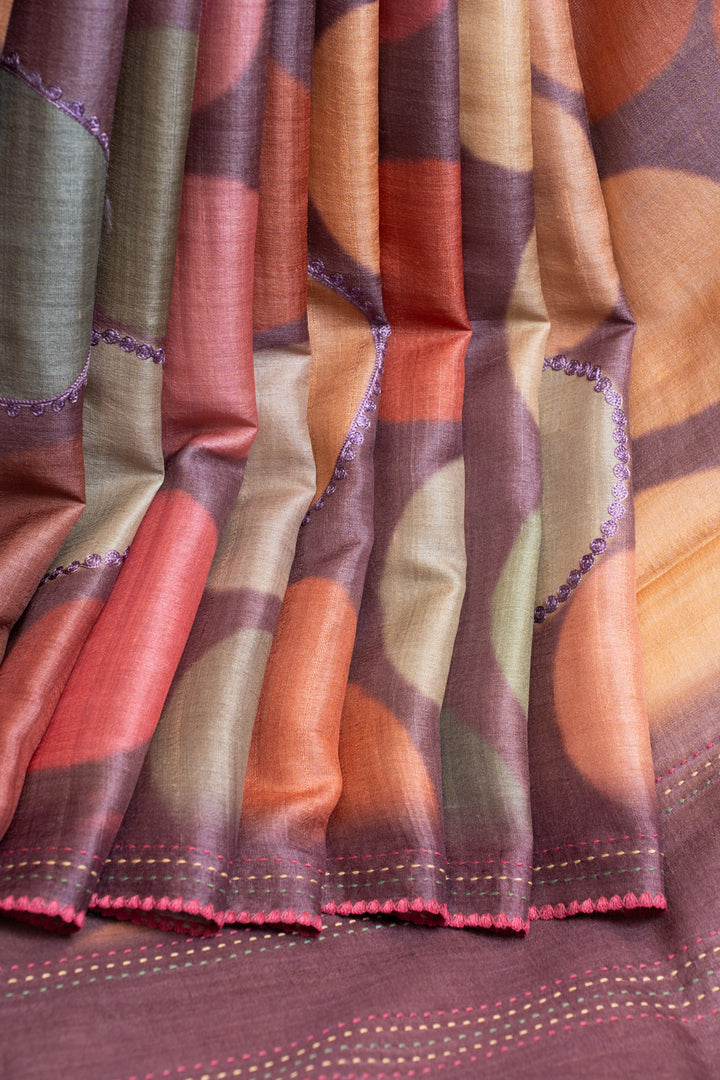 Purple polka printed pure embroidered Tussar saree