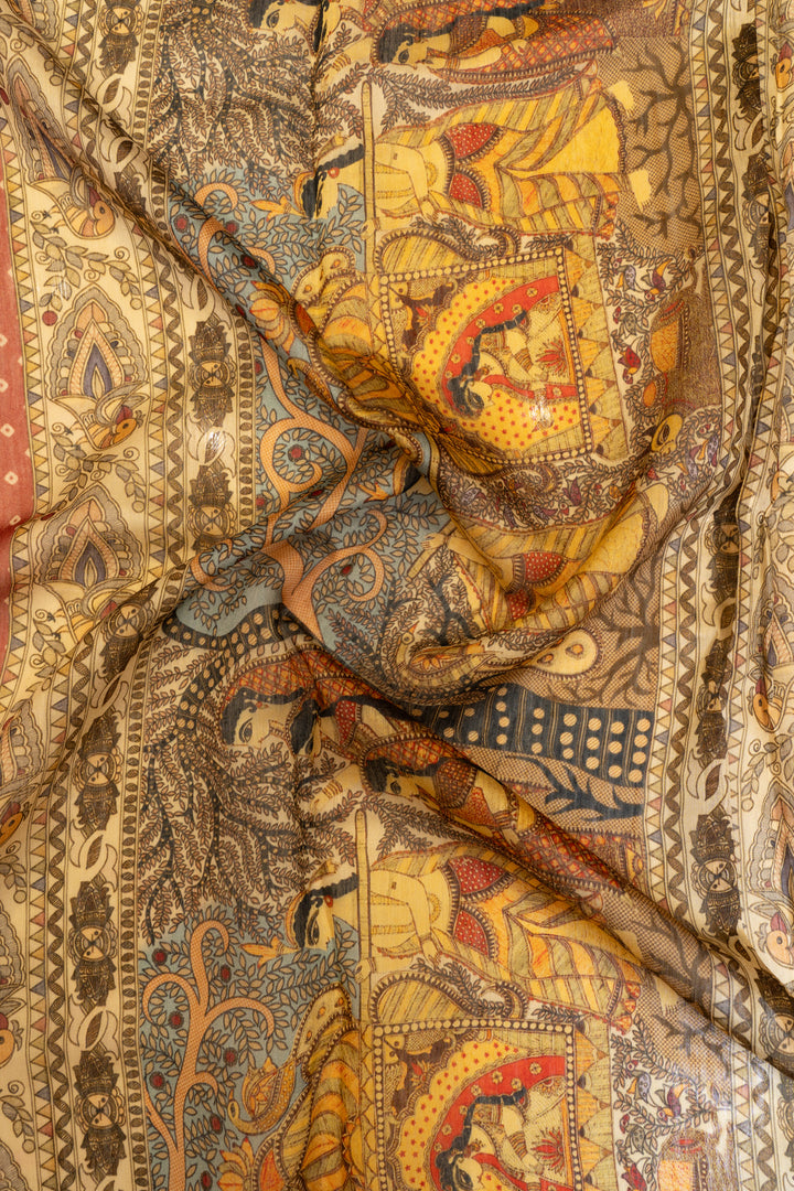 Rust maroon Madhubani pure Moonga Tussar saree