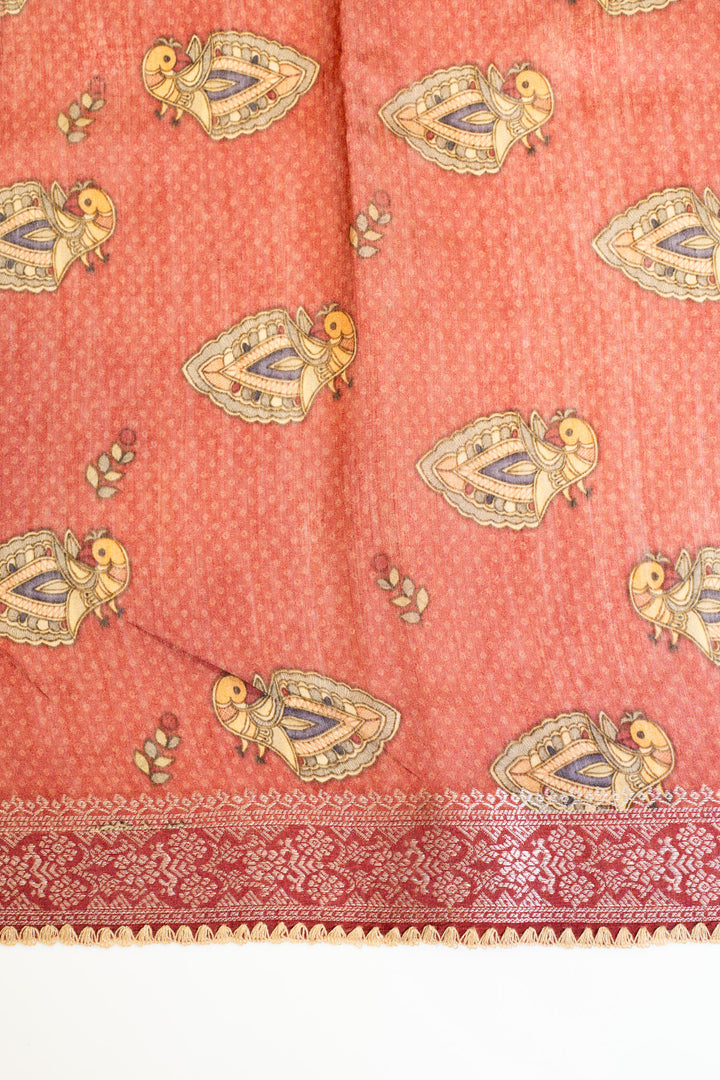 Rust maroon Madhubani pure Moonga Tussar saree