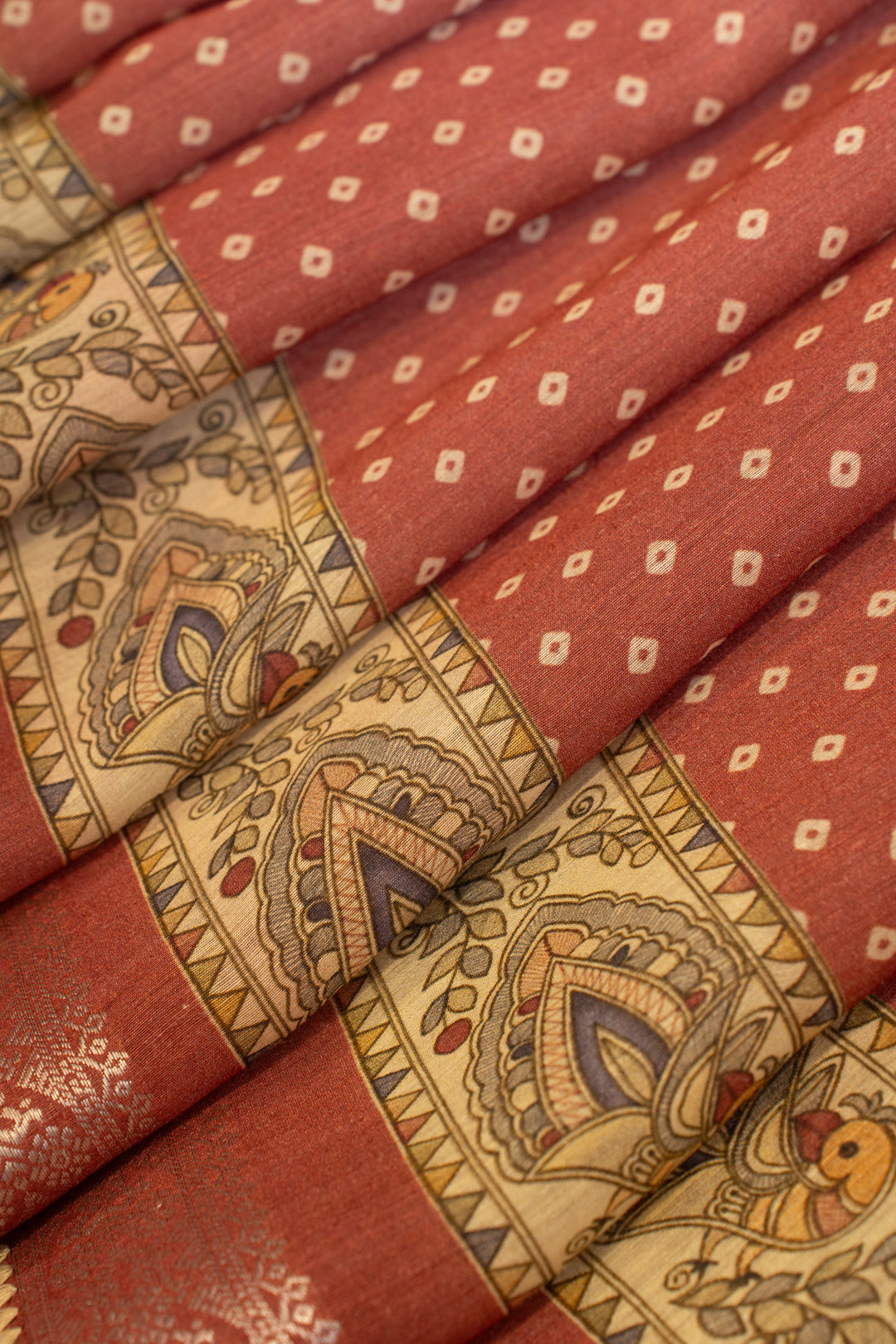 Rust maroon Madhubani pure Moonga Tussar saree
