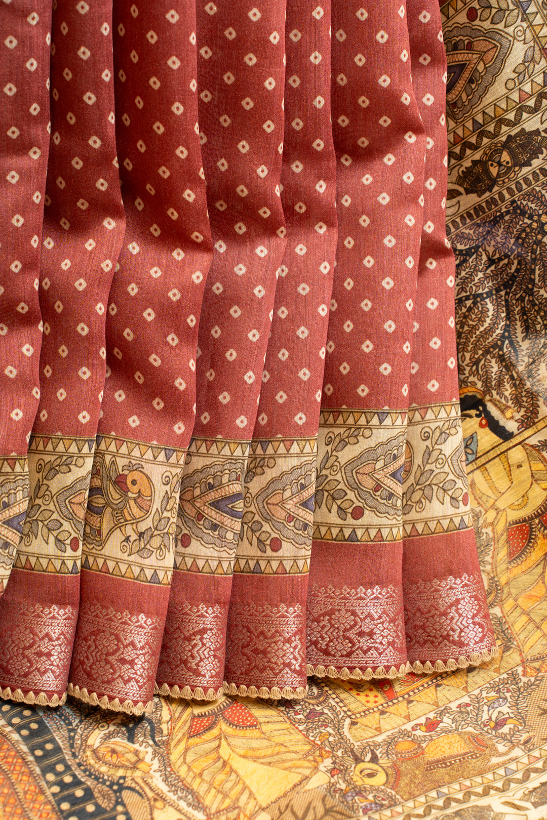 Rust maroon Madhubani pure Moonga Tussar saree