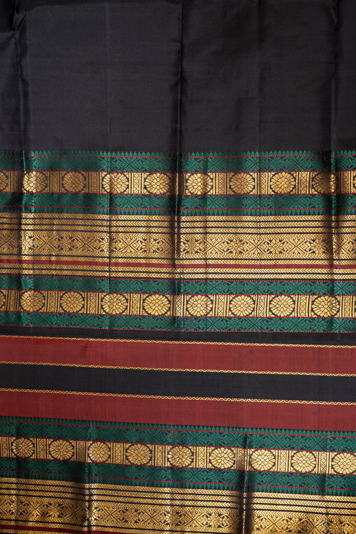 Black and Maroon Pure Zari Stripes Pure Kanchipuram Silk Saree - Clio Silks