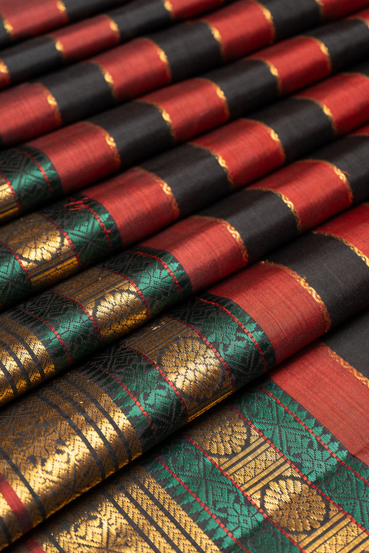 Black and Maroon Pure Zari Stripes Pure Kanchipuram Silk Saree - Clio Silks