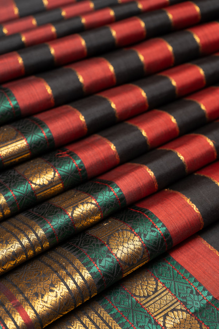 Black and Maroon Pure Zari Stripes Pure Kanchipuram Silk Saree - Clio Silks