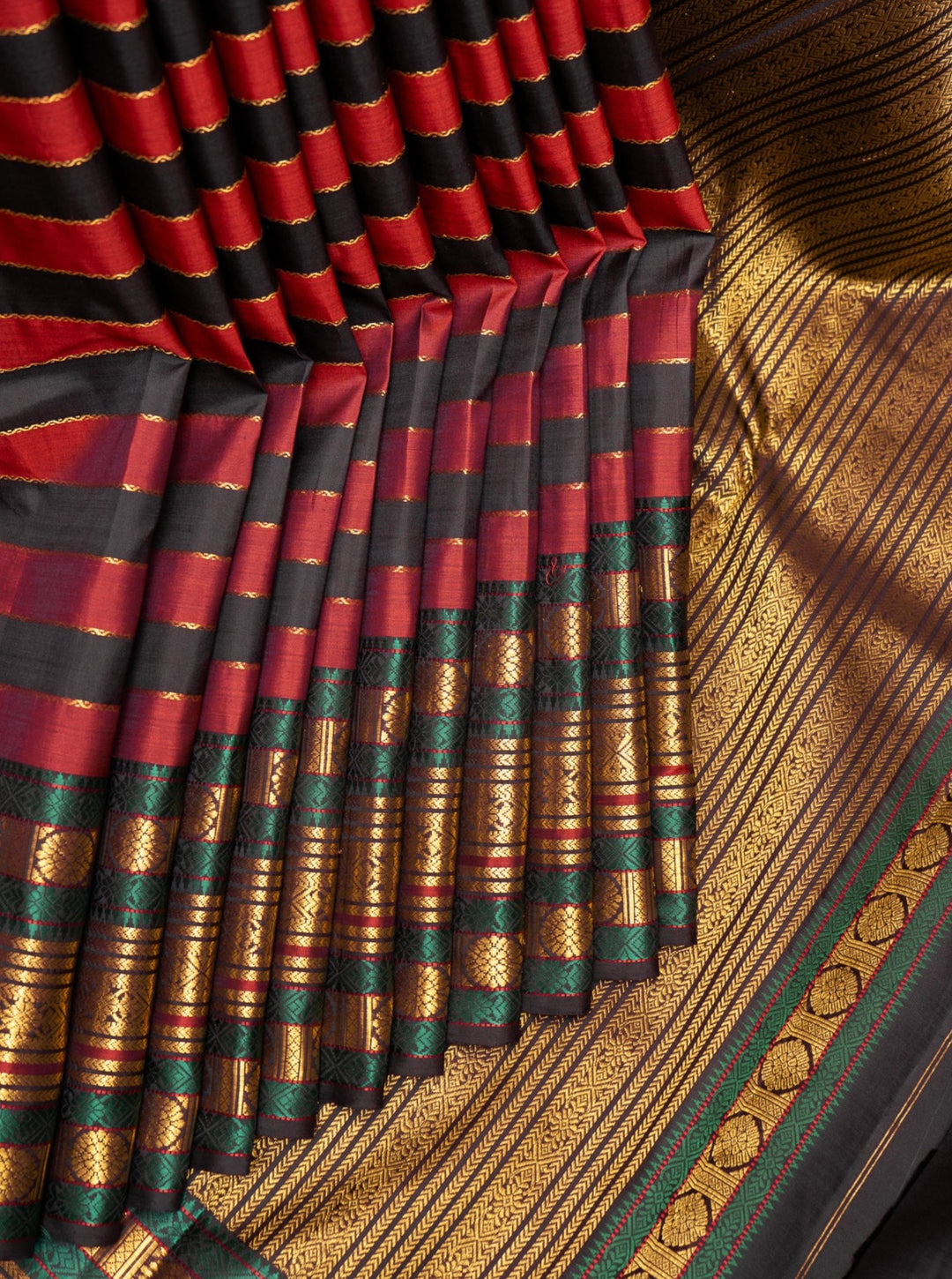 Black and Maroon Pure Zari Stripes Pure Kanchipuram Silk Saree - Clio Silks