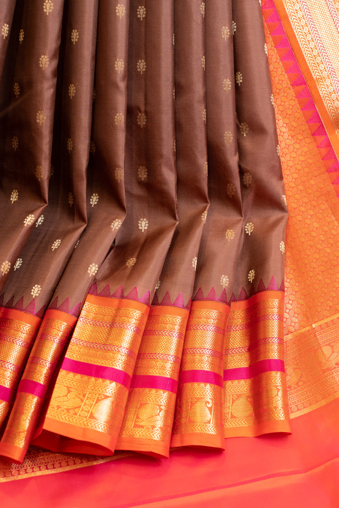 Brown and peach pure Kanchipuram silk saree