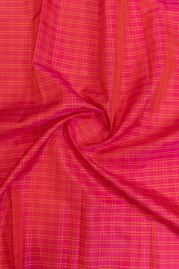 Magenta and peach checks traditional pure Kanchipuram silk saree