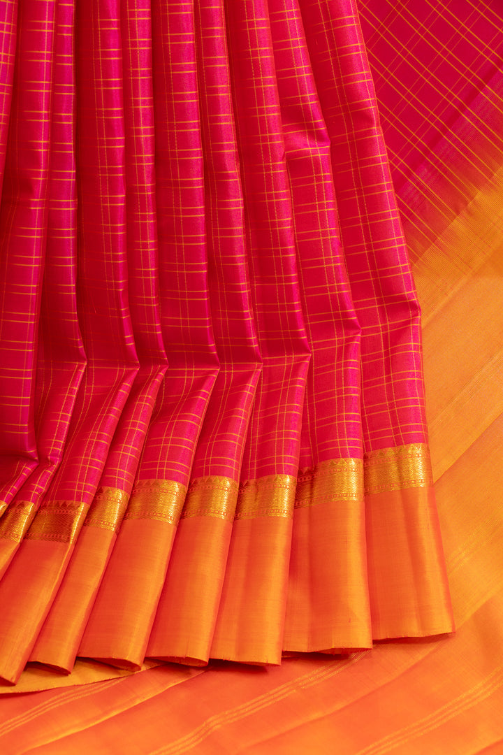Magenta and peach checks traditional pure Kanchipuram silk saree
