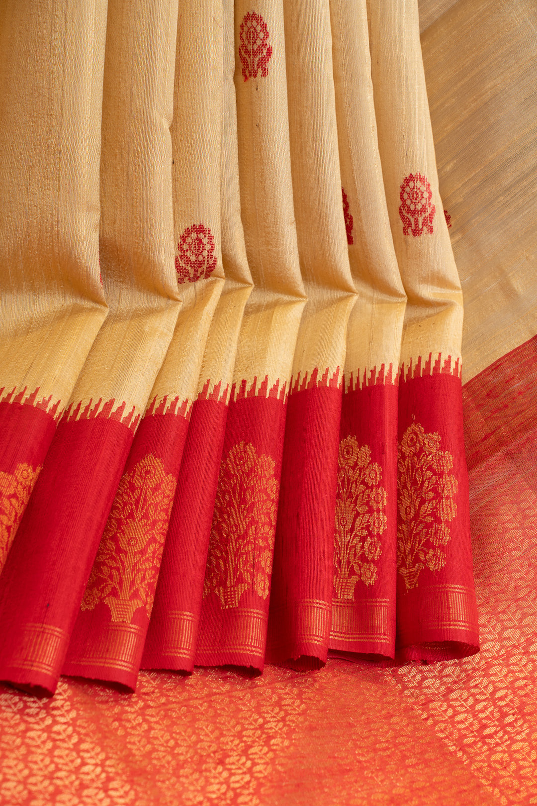 Cream and red pure raw silk Tussar saree