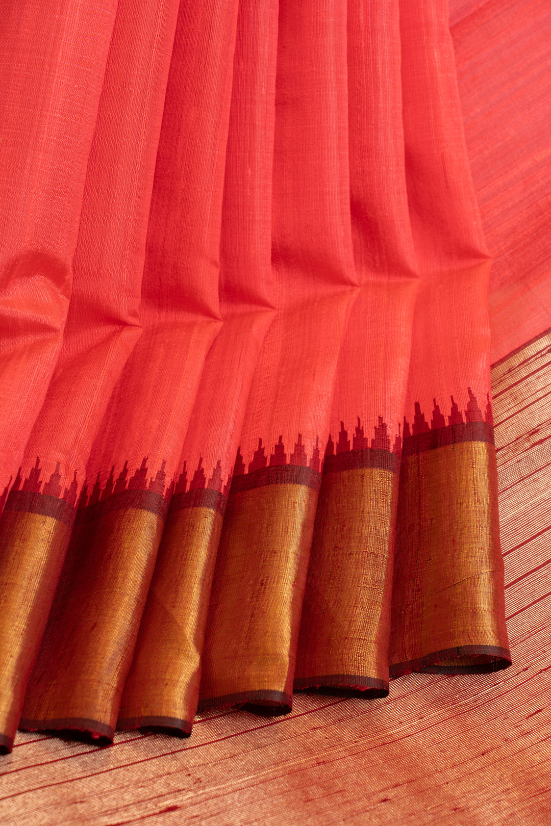 Coral peach and brown pure raw silk Tussar saree