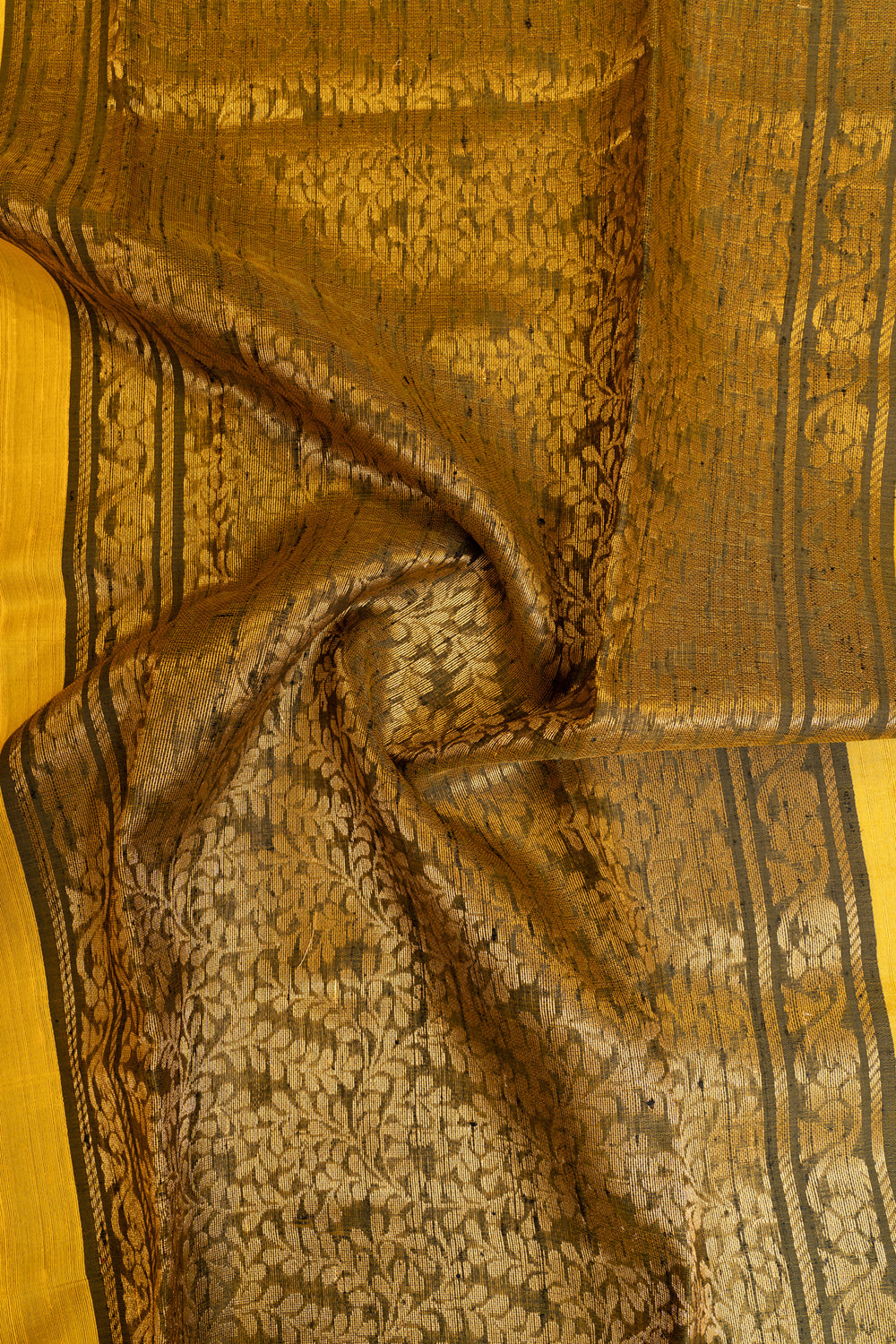 Yellow and black pure raw silk saree