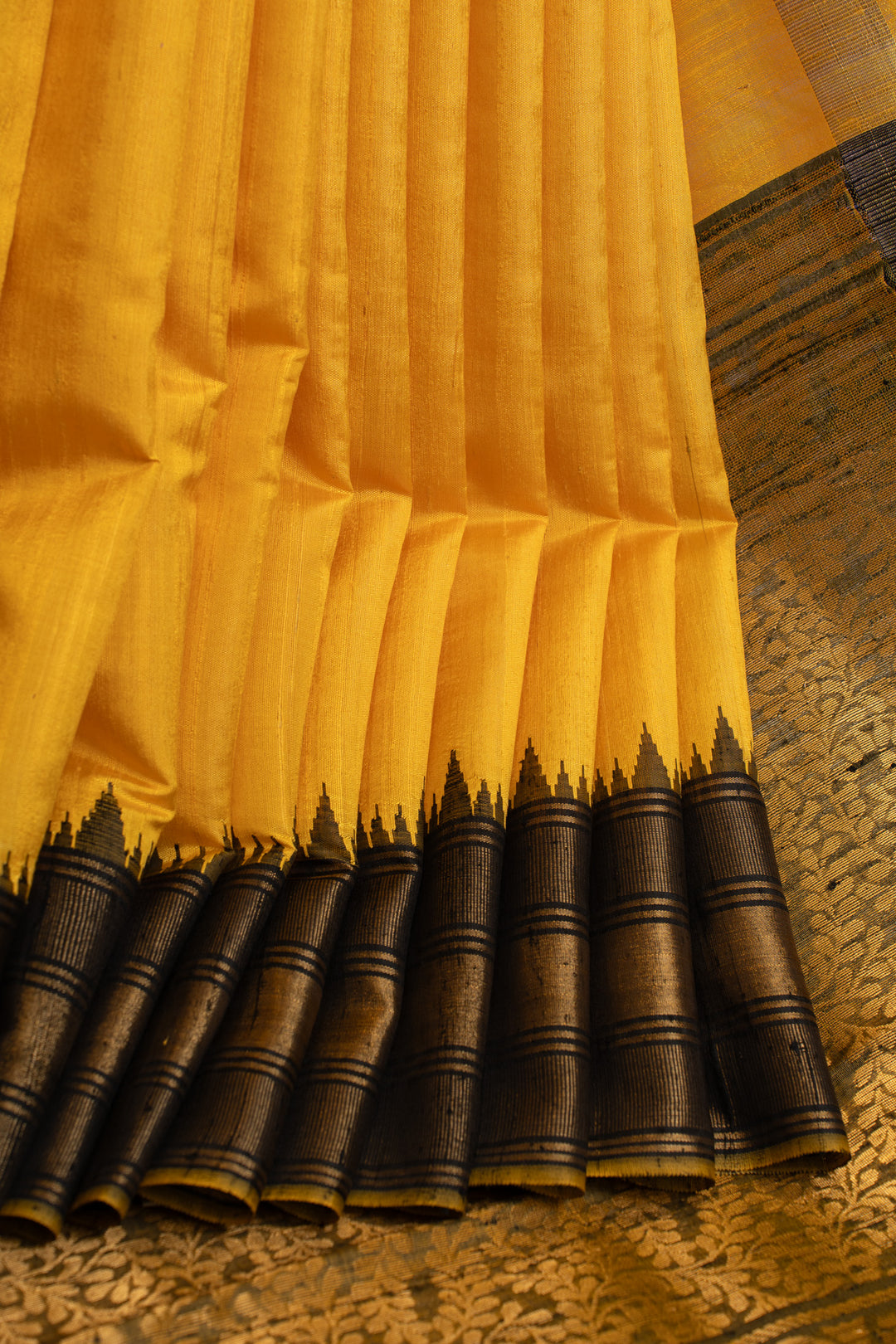 Yellow and black pure raw silk saree