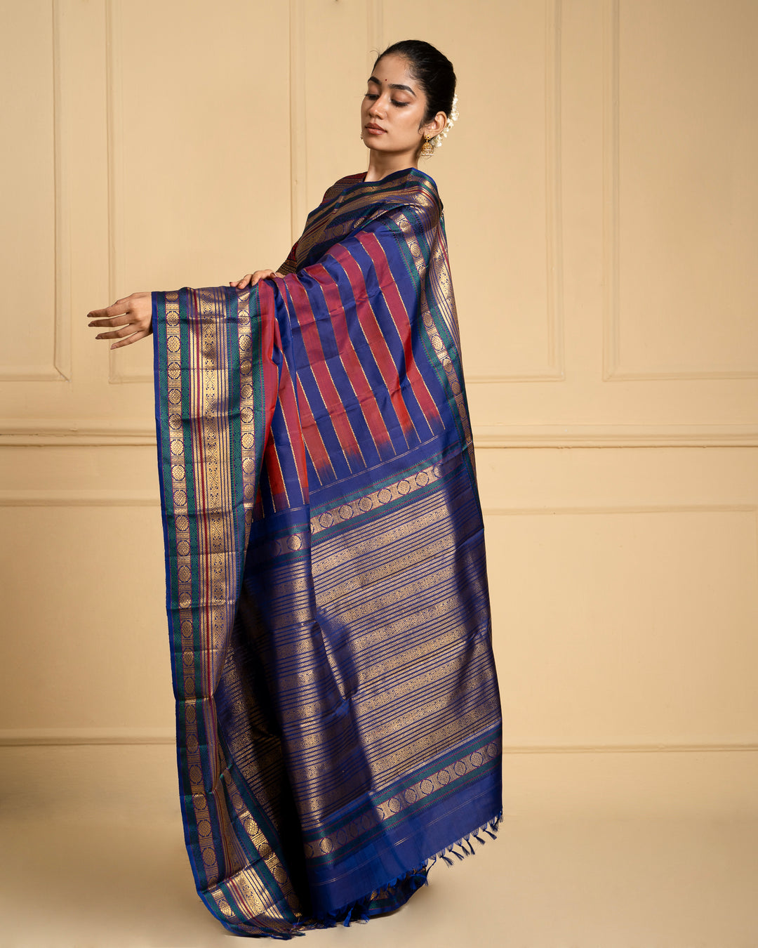 Blue and Maroon Vintage Zari Stripes Kanchipuram Silk Saree - Clio Silks