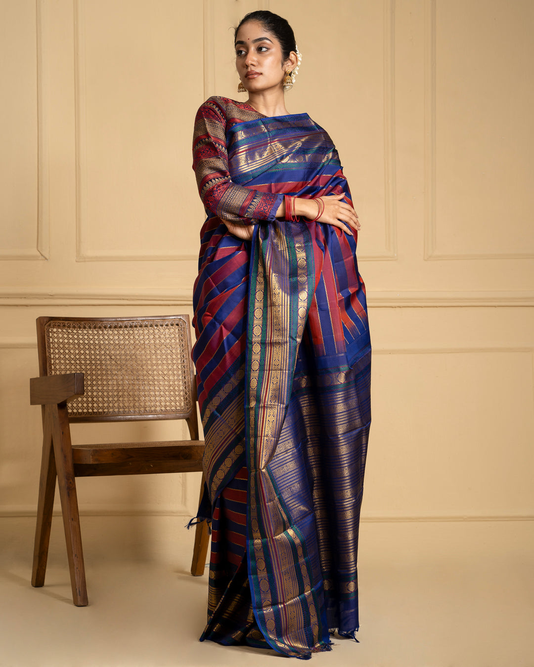 Blue and Maroon Vintage Zari Stripes Kanchipuram Silk Saree - Clio Silks
