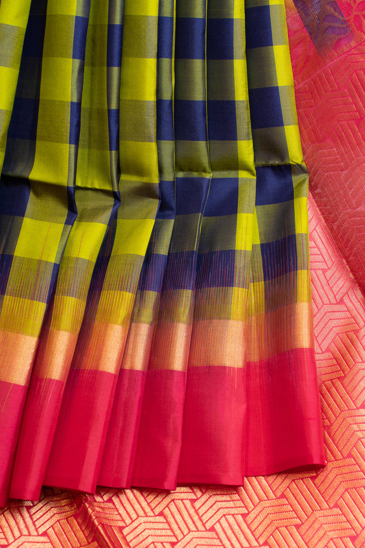 Checkered fabric with yellow, blue, and red stripes on a pink background