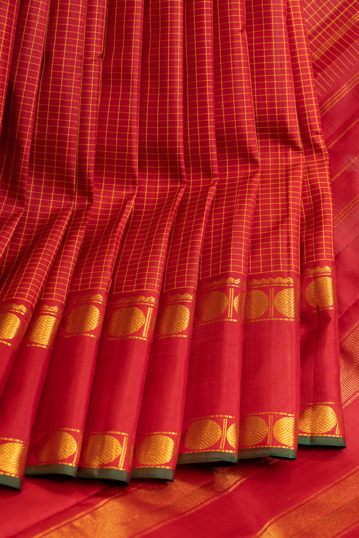 Maroon thread checks rettai pettu pure Kanchipuram silk saree