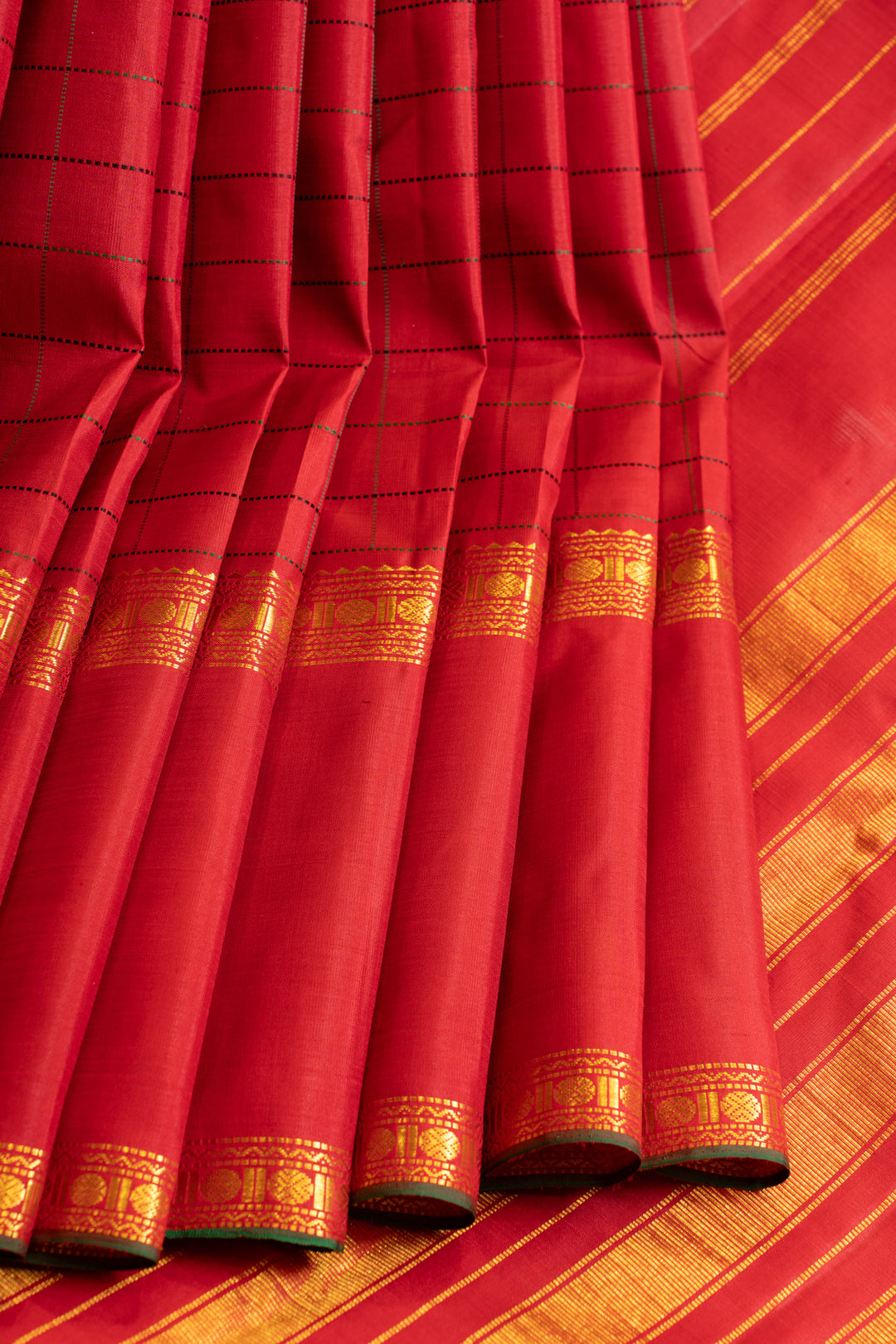 Crimson red thread checks traditional pure Kanchipuram silk saree