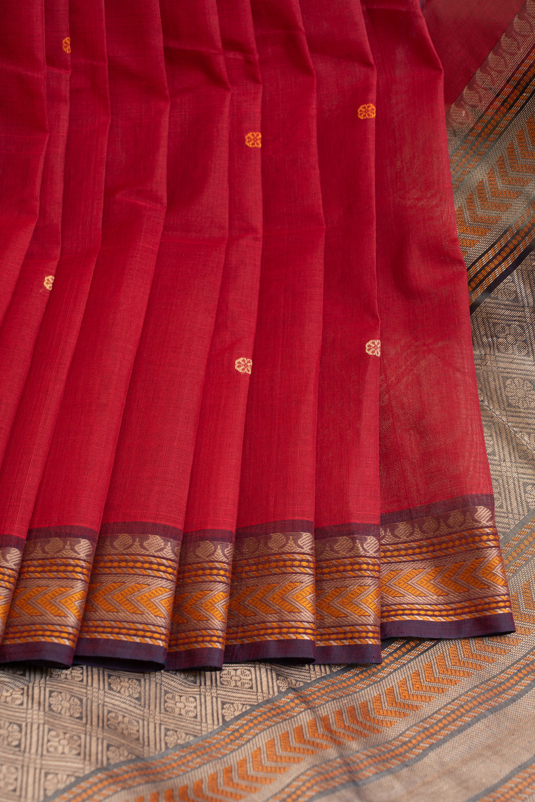 Red thread buttis pure cotton saree