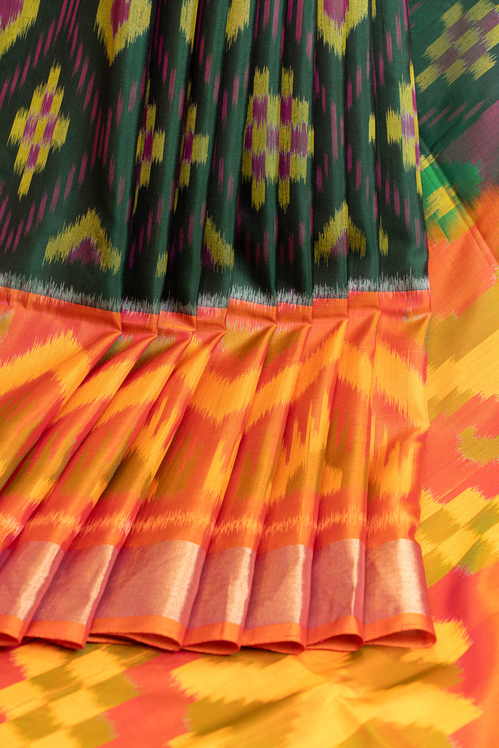 Green and peach ikat pure soft silk saree