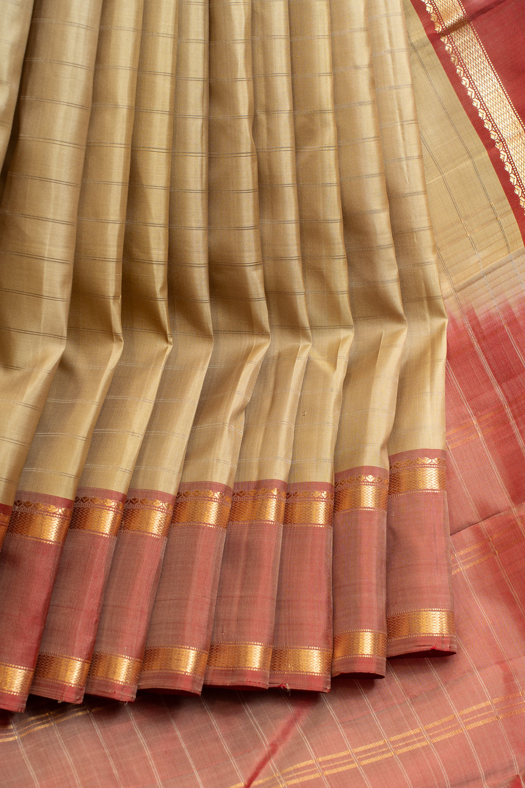 Beige and rouge pink stripes pure silk saree