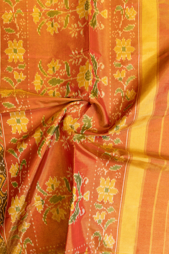 Khaki gold and orange pure patola ikat silk saree