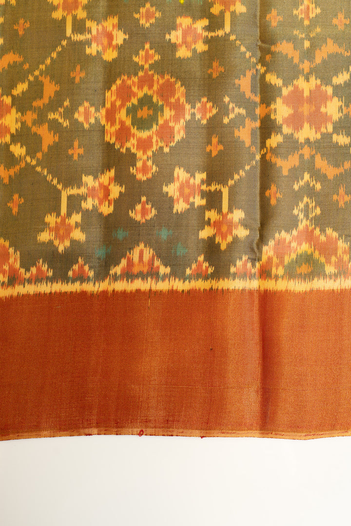 Khaki grey and rust pure ikat patan patola silk saree