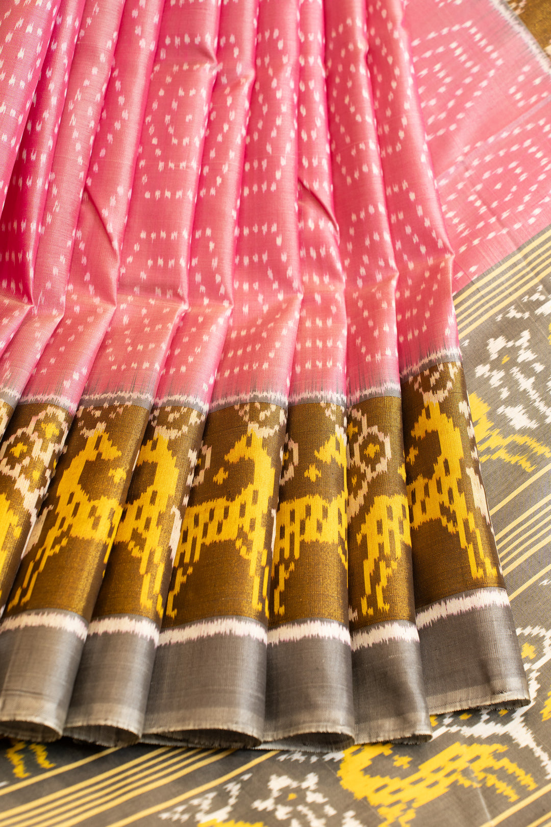 Pastel pink and grey pure ikat patan patola silk saree