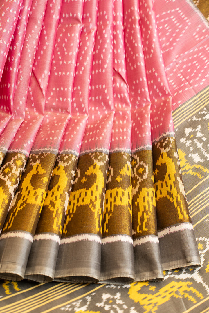 Pastel pink and grey pure ikat patan patola silk saree