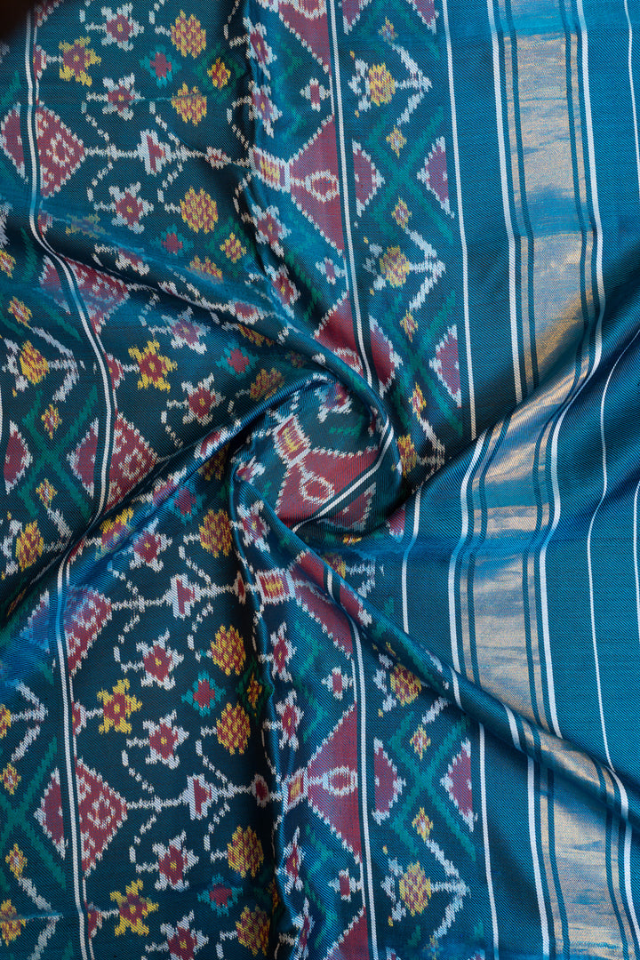 Peacock blue twill pure ikat patan patola silk saree