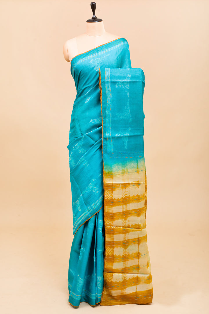 Ocean Blue and Mustard Pure Shibori Tussar Saree