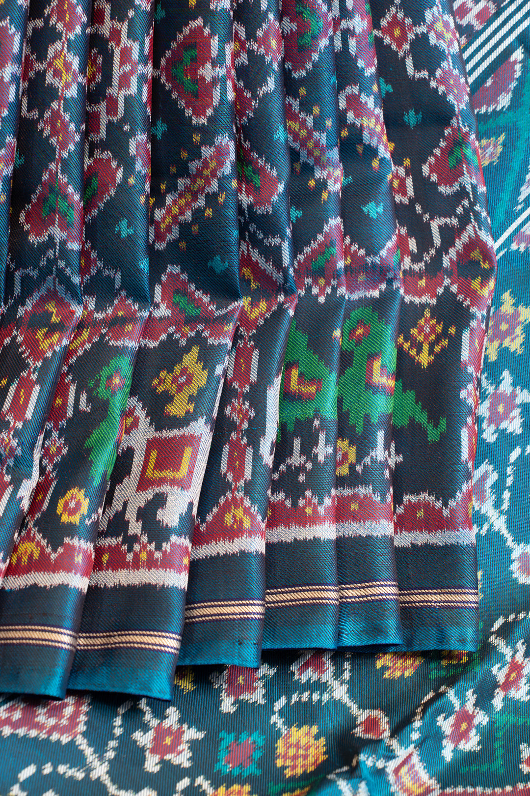 Peacock blue twill pure ikat patan patola silk saree
