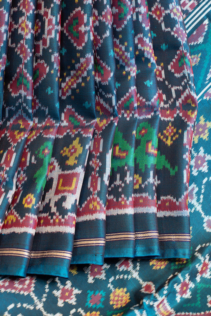 Peacock blue twill pure ikat patan patola silk saree
