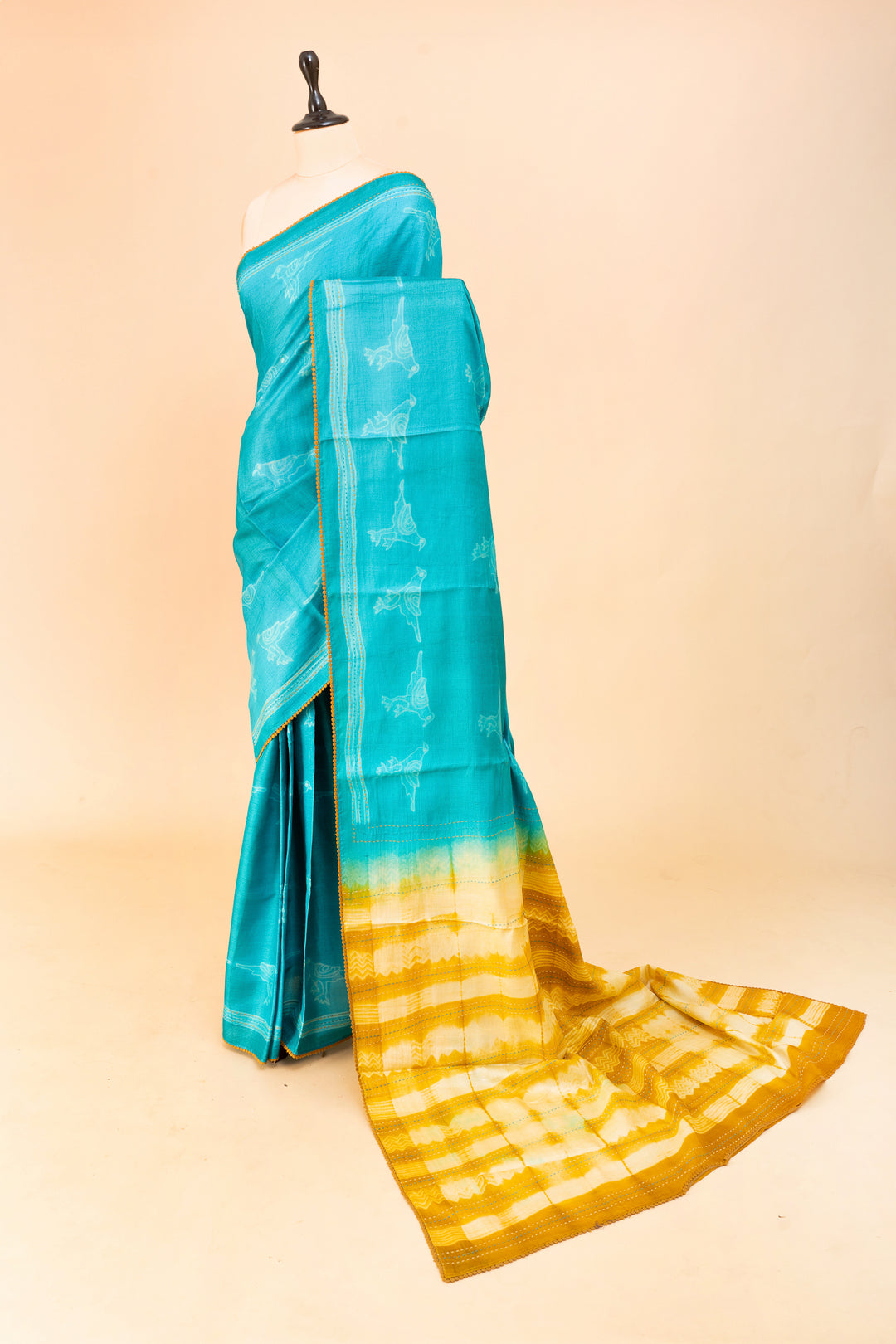 Ocean Blue and Mustard Pure Shibori Tussar Saree