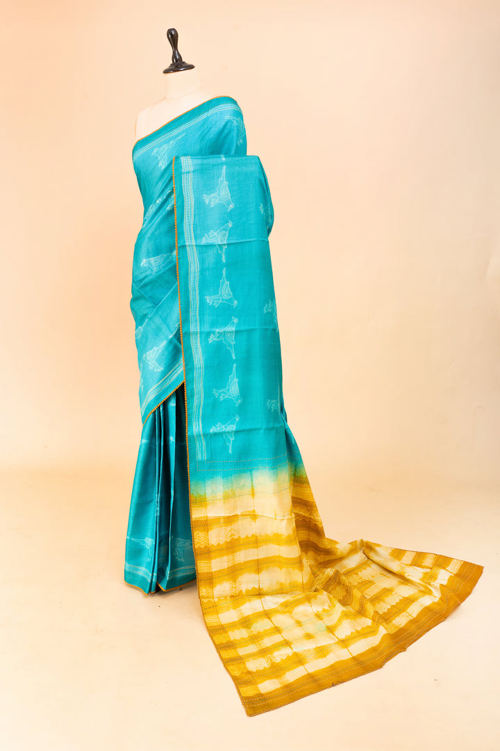 Ocean Blue and Mustard Pure Shibori Tussar Saree